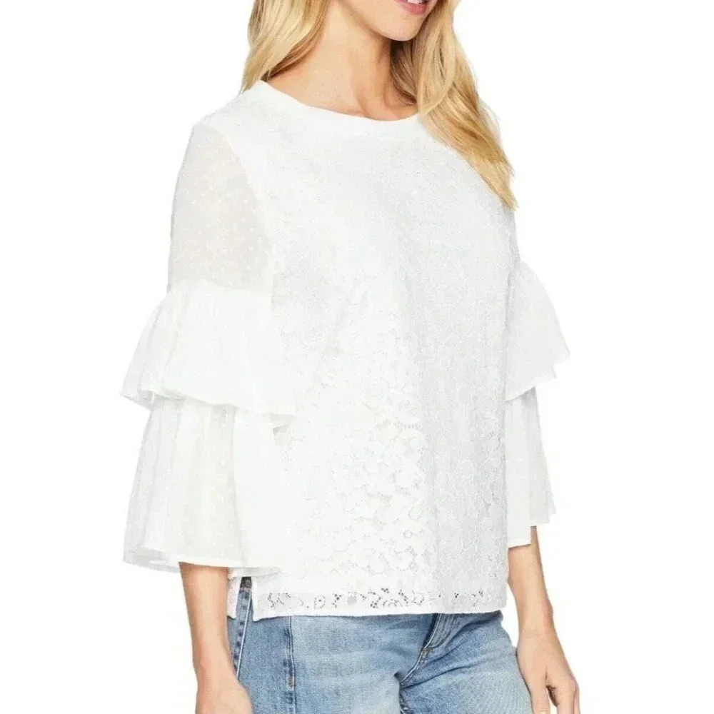 Kensie Romantic Boho White Lace Top Ruffled Sleeves Size Large - Picture 8 of 11